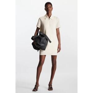 COS Linen Blend Short Sleeve Front-Zip Utility Mini Shirt Dress Ivory Cream 8